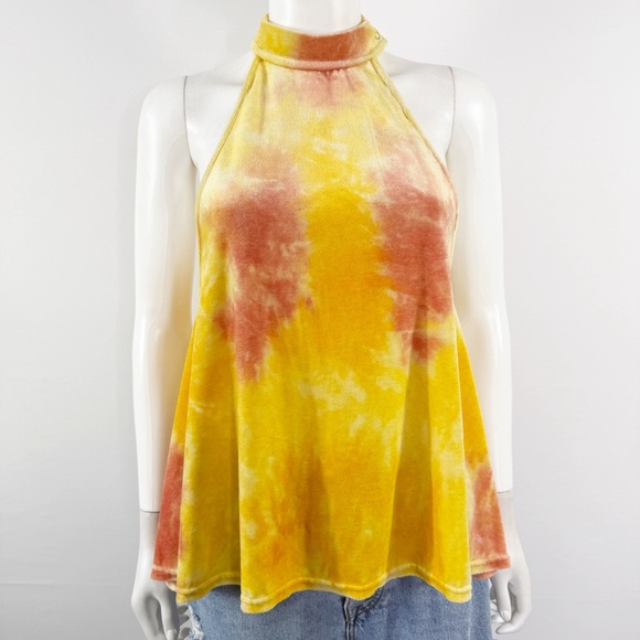 Free People Tops - Free People Yellow Velour Tie Dye Swing Halter Top Size S Casual Bohemian Hippie